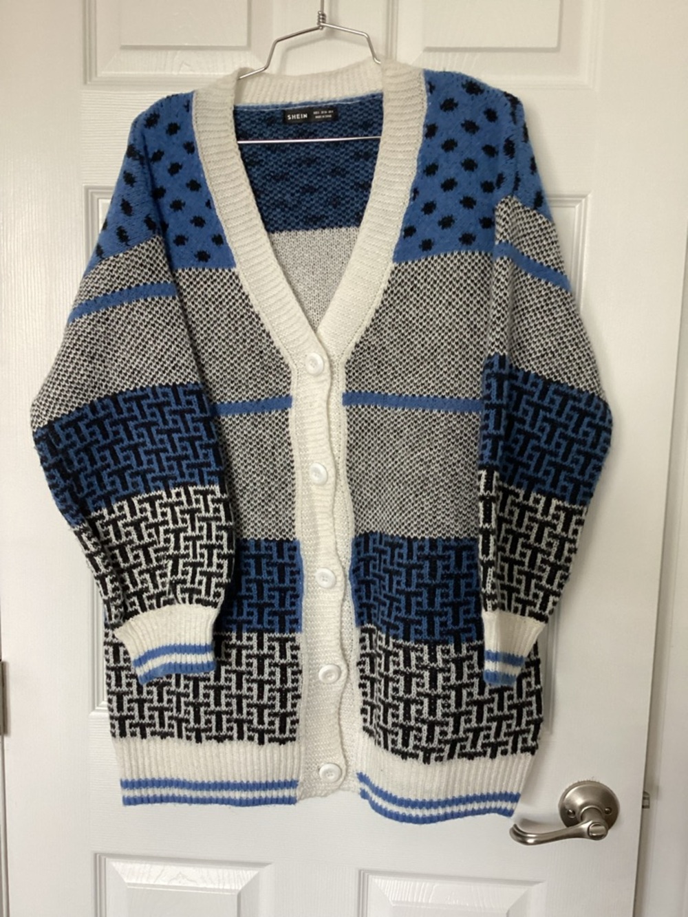 SHEIN Blue and Cream Knit Cardigan